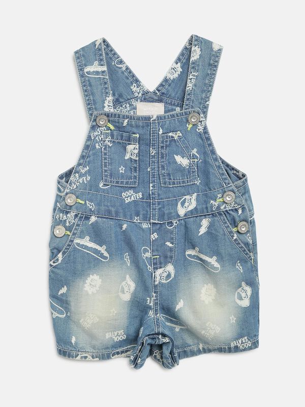 Boys Medium Blue Printed Denim Dungarees image number null
